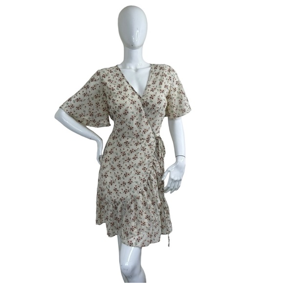 Olivia Grey flower pattern mini wrapped dress cream beige floral sundress NWT XL - Picture 8 of 15
